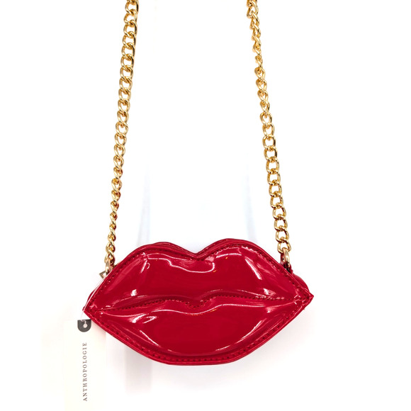 Anthropologie Glossy Red Patent Leather Lips Chain Strap Mini Handbag Retro Glam - Picture 14 of 14